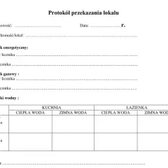 Protokół zdawczo odbiorczy domu zawiera pola na dane nieruchomości, liczniki (energetyczny, gazowy, wodne w kuchni i łazience) oraz klucze.