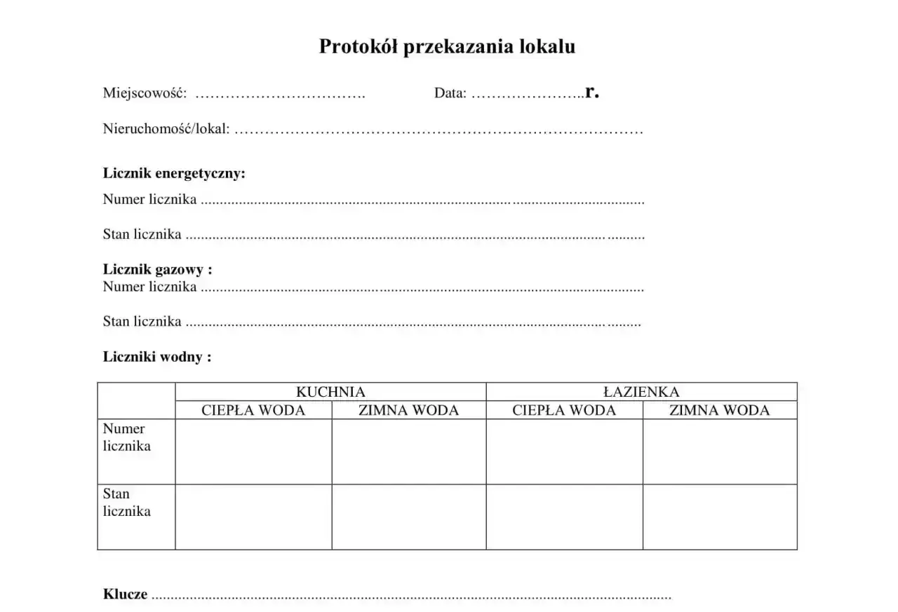 Protokół zdawczo odbiorczy domu zawiera pola na dane nieruchomości, liczniki (energetyczny, gazowy, wodne w kuchni i łazience) oraz klucze.