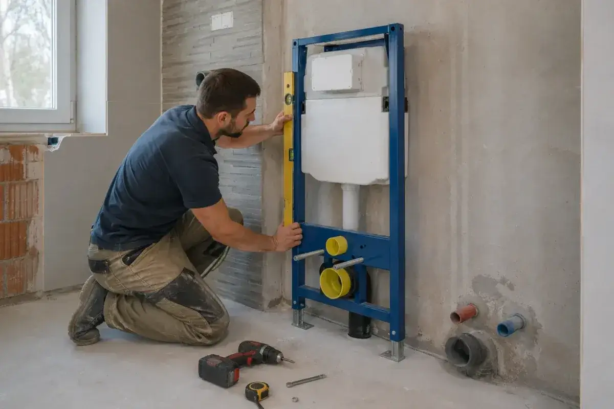 Instalator sprawdza pionowość stelaża podtynkowego, kluczowa jest właściwa jaka wysokość geberitu od posadzki dla przyszłego montażu WC.