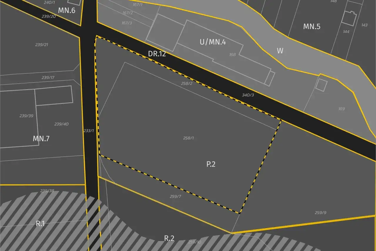 Mapa ewidencyjna z zaznaczonym terenem P.2, który może być przykładem minimalnej wielkości działki budowlanej na wsi.